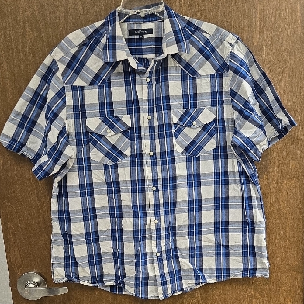 Men's Blue and White Plaid Button-Down Shirt
